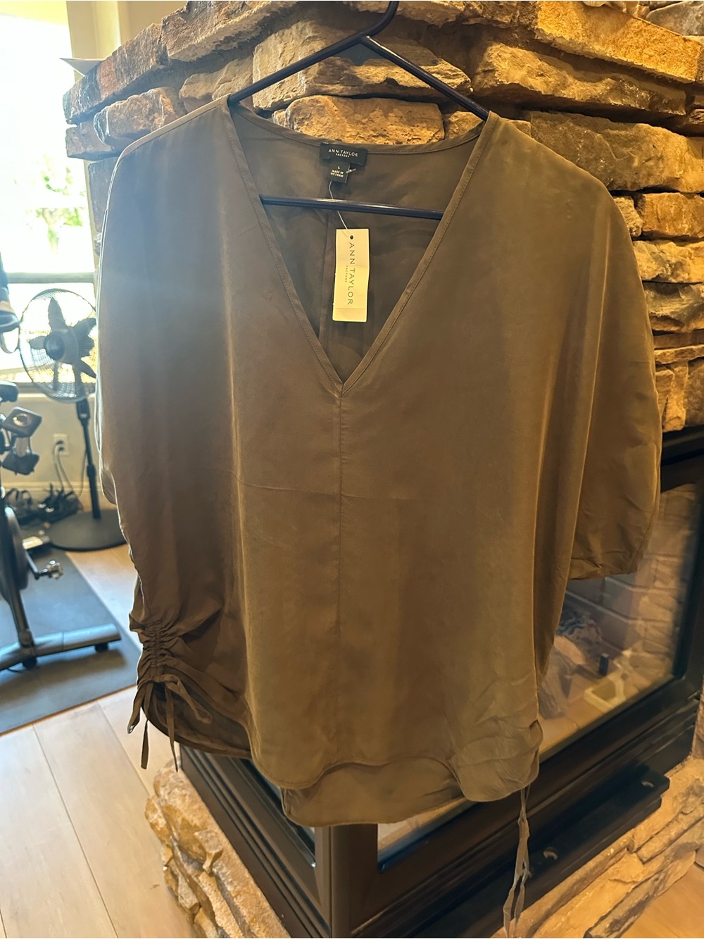 Ann Taylor Olive V-Neck Drawstring Sleeve Blouse